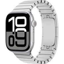 Gpack Apple Watch 7 45MM Kordon Yandan Çıtçıtlı Metal Parçalı Çizgi Dizayn KRD35 Gümüş