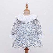 Yakalı Çiçek Desenli Keten Kız Çocuk Elbise