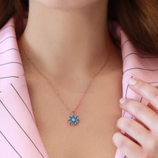 Necati Gün Mavi Zirkon Mini Kamelya Çiçeği Rose Gold Kaplama Gümüş Kolye