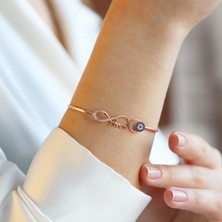 Necati Gün Sonsuzluk Nazar Boncuklu Annem Yazılı Rose Gold Kaplama Gümüş Kelepçe