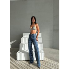 Loisy Kadın Koyu Mavi Renk Loose Fit Önü Starlight Parlak Taşlı Tasarım Denim