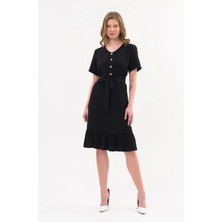Apsen Kadın Siyah Renk Önden Düğme Detaylı Yazlık Midi Elbise 4437-105