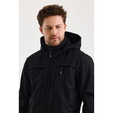 Siyah Erkek %100 Su Geçirmez Içi Polarlı Iç Çepli Çıkartılabilir Kapüşonlu Softshell Mont&kaban