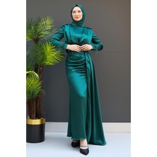 Giza Store Tüylü Saten Tesettür Elbise Zümrüt