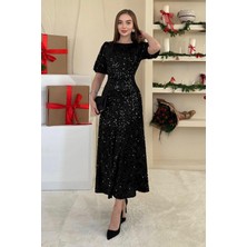 Elbee Fashion Woman Siyah Midi Boy Pul Payet Elbise