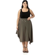 Disentis Modest Büyük Beden Asimetrik Kesim Kuşgözü Detaylı Tek Cepli Midi Haki Etek