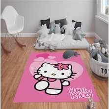 Kaymaz Tabanlı Yıkanabilir Hello Kitty Desenli Çocuk Halısı Dot Taban Halı