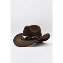 Külah Deri Şeritli Boğa Figürlü Fötr Şapka Premium Classic Western Festival Beach Rave Hat
