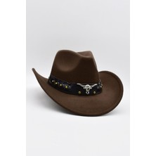 Külah Deri Şeritli Boğa Figürlü Fötr Şapka Premium Classic Western Festival Beach Rave Hat