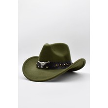Külah Deri Şeritli Boğa Figürlü Fötr Şapka Premium Classic Western Festival Beach Rave Hat