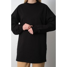 Marles Kadın Siyah Bisiklet Yaka Yırtmaç Detaylı Balon Kol 2 İplik Sweatshirt