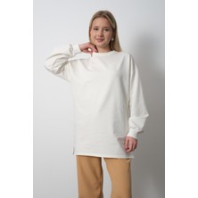 Marles Kadın Ekru Bisiklet Yaka Yırtmaç Detaylı Balon Kol 2 İplik Sweatshirt