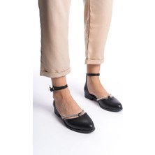 Kadın Emil Shoes Siyah Cilt Taş Detaylı Yanları Açık Babet Ayakkabı