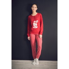 Tavşan Nakışlı Bisiklet Yaka 2 Li Pijama Takımı