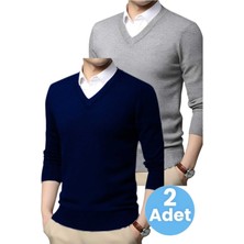 Uniquetrenders 2'li  Erkek V Yaka Uzun Kol Triko Tüylenmez Süveter Erkek Slim Fit Süveter