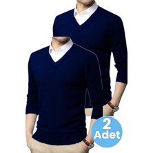 Uniquetrenders 2'li  Erkek V Yaka Uzun Kol Triko Tüylenmez Süveter Erkek Slim Fit Süveter