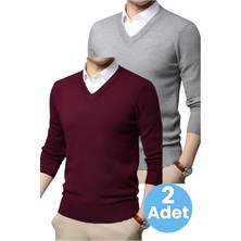 Uniquetrenders 2'li  Erkek V Yaka Uzun Kol Triko Tüylenmez Süveter Erkek Slim Fit Süveter