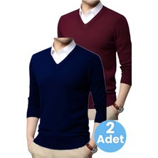 Uniquetrenders 2'li  Erkek V Yaka Uzun Kol Triko Tüylenmez Süveter Erkek Slim Fit Süveter