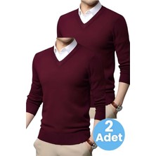 Uniquetrenders 2'li  Erkek V Yaka Uzun Kol Triko Tüylenmez Süveter Erkek Slim Fit Süveter