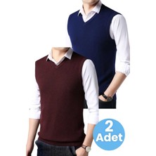 Uniquetrenders 2'li  Erkek V Yaka Triko Tüylenmez Süveter Erkek Slim Fit Süveter