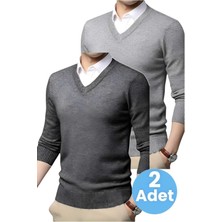 Uniquetrenders 2'li  Erkek V Yaka Uzun Kol Triko Tüylenmez Süveter Erkek Slim Fit Süveter