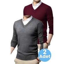 Uniquetrenders 2'li  Erkek V Yaka Uzun Kol Triko Tüylenmez Süveter Erkek Slim Fit Süveter