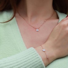 Necati Gün Kare Figürlü Zirkon Taşlı Mine Işli Rose Gold Kaplama Gümüş Takım