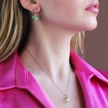 Necati Gün Yeşil Swarovski Taşlı Rose Gold Kaplama Küp Gümüş Set