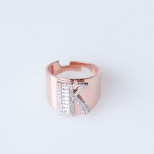 K Harfi Baget Taşlı Rose Gold Kaplama Gümüş Yüzük