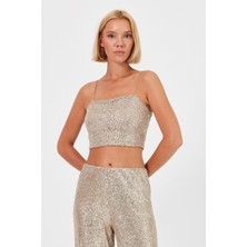 Lastikli Yüksek Bel Içi Astarlı Pullu Kumaş Bol Paça Pantolon M - Gold