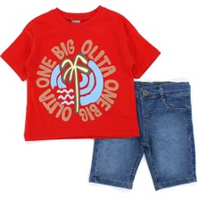 Bebegen Erkek Çocuk Kırmızı Palmiye Baskılı Kot Şortlu 2'li Takım