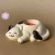 Uretti El Yapımı Bej - Kahverengi Sevimli Kedi Tealight Mumluk - 6 x 10 cm