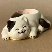 Uretti El Yapımı Bej - Kahverengi Sevimli Kedi Tealight Mumluk - 6 x 10 cm