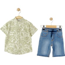 Bebegen Erkek Çocuk Yeşil Yaprak Baskılı Mavi Kot Şort Ikili Takım