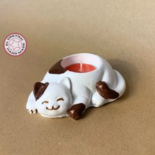 Uretti El Yapımı Beyaz - Kahverengi Sevimli Kedi Tealight Mumluk - 6 x 10 cm