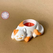 Uretti El Yapımı Turuncu - Beyaz Sevimli Kedi Tealight Mumluk - 6 x 10 cm