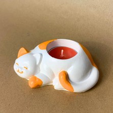 Uretti El Yapımı Turuncu - Beyaz Sevimli Kedi Tealight Mumluk - 6 x 10 cm