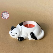 Uretti El Yapımı Siyah - Beyaz Sevimli Kedi Tealight Mumluk - 6 x 10 cm