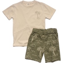 Bebegen Erkek Çocuk Bej Palmiye Baskılı Haki Şortlu 2'li Takım
