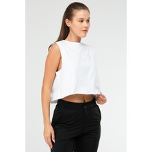 Speedlife Beyaz Regular Basic  Pamuk Bisiklet Yaka Kolsuz Crop Kadın Atlet SF0749