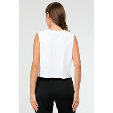 Speedlife Beyaz Regular Basic  Pamuk Bisiklet Yaka Kolsuz Crop Kadın Atlet SF0749