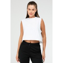Speedlife Beyaz Regular Basic  Pamuk Bisiklet Yaka Kolsuz Crop Kadın Atlet SF0749