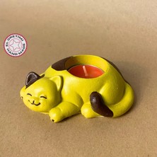 Uretti El Yapımı Yeşil - Kahverengi Sevimli Kedi Tealight Mumluk - 6 x 10 cm