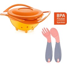 Babyjem Dökülmeyen Tabak Turuncu & Açılı Kaşık Çatal Seti Gül Kurusu