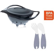 Babyjem Dökülmeyen Tabak Gri & Açılı Kaşık Çatal Seti Beyaz