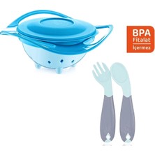 Babyjem Dökülmeyen Tabak Mavi & Açılı Kaşık Çatal Seti Mavi