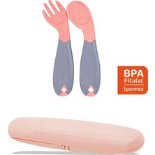 Babyjem Çatal Kaşık Saklama Kabı Gül Kurusu + Açılı Mama Çatal Kaşık Seti Gül Kurusu