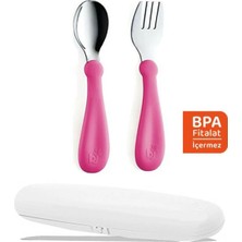 Babyjem Çatal Kaşık Saklama Kabı Beyaz + Paslanmaz Çelik Çatal Kaşık Seti Pembe