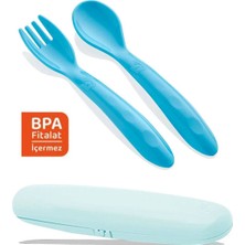 Babyjem Çatal Kaşık Saklama Kabı Yeşil + Mama Çatal Kaşık Seti Mavi