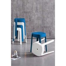 Ironika Kaymaz Ayaklı Dekoratif İç İçe Geçebilen Plastik Tabure Mutfak Bahçe Taburesi 6 Adet Lacivert Beyaz